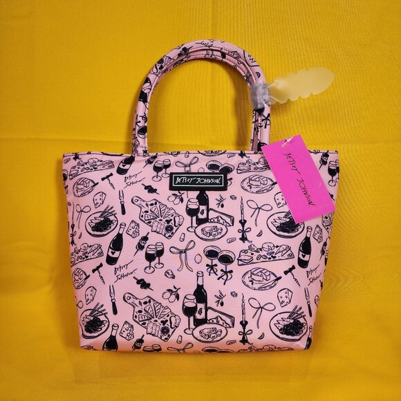 Betsey Johnson Pink Cheese Plate Wine Bottle Insulated Lunch Tote Bag NEW - Picture 11 of 11